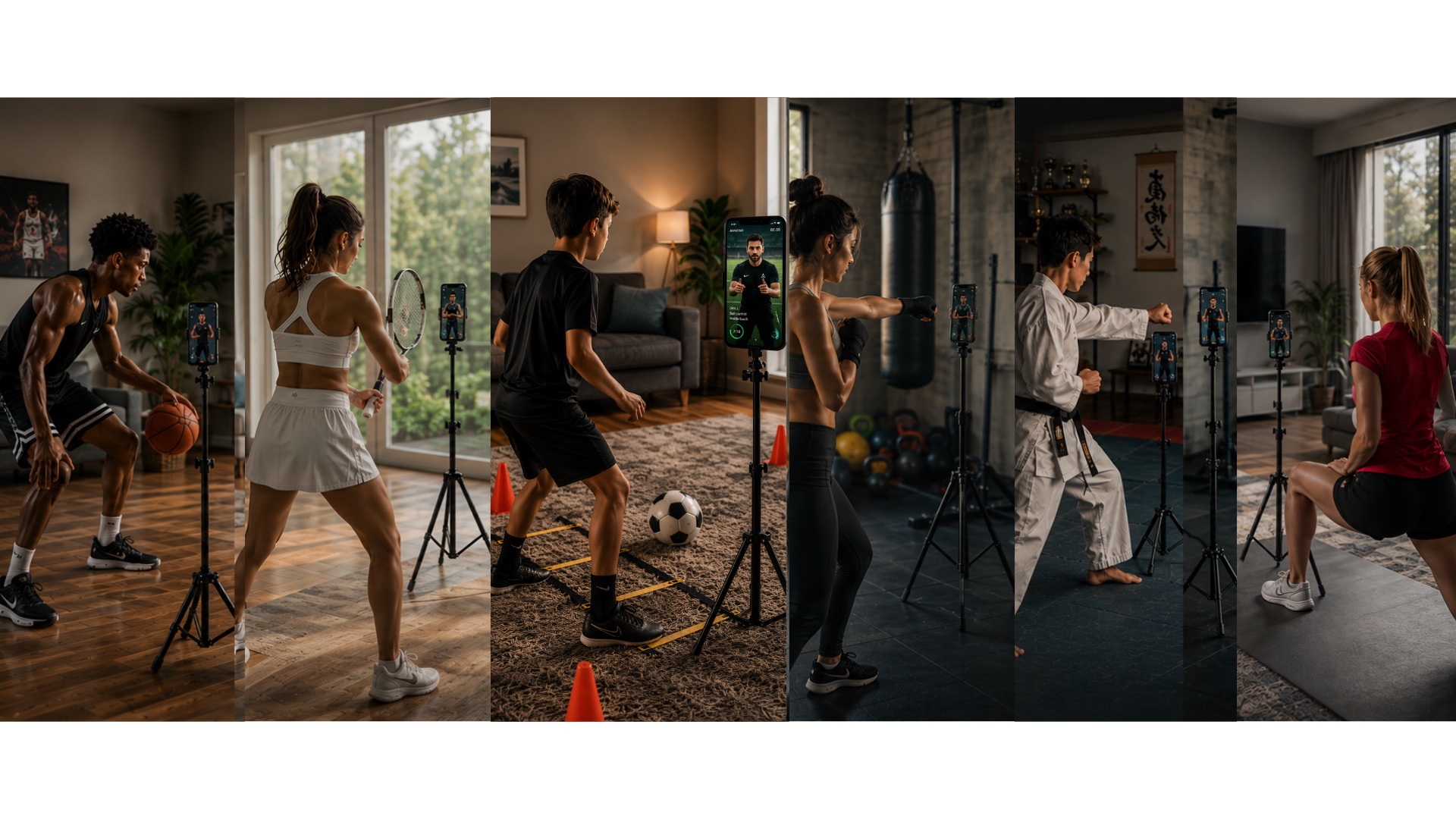 People of all ages training with AIVATAR on their phone — basketball, tennis, football, boxing and karate