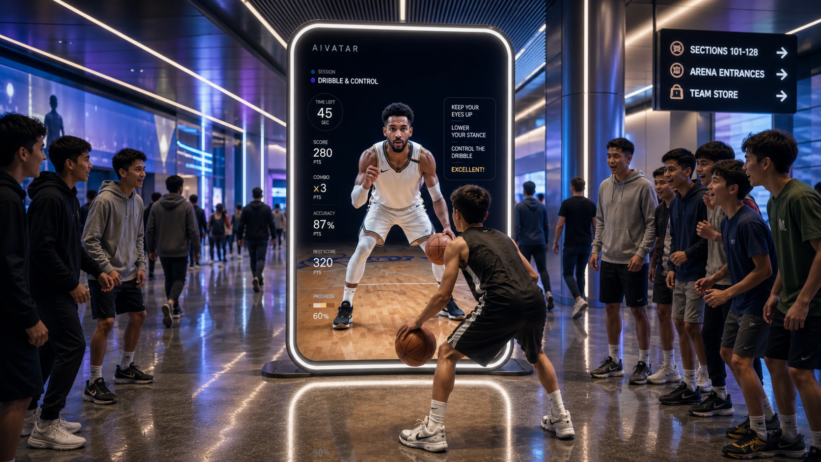 A young athlete taking on an interactive basketball challenge with an AIVATAR screen in an arena fan zone