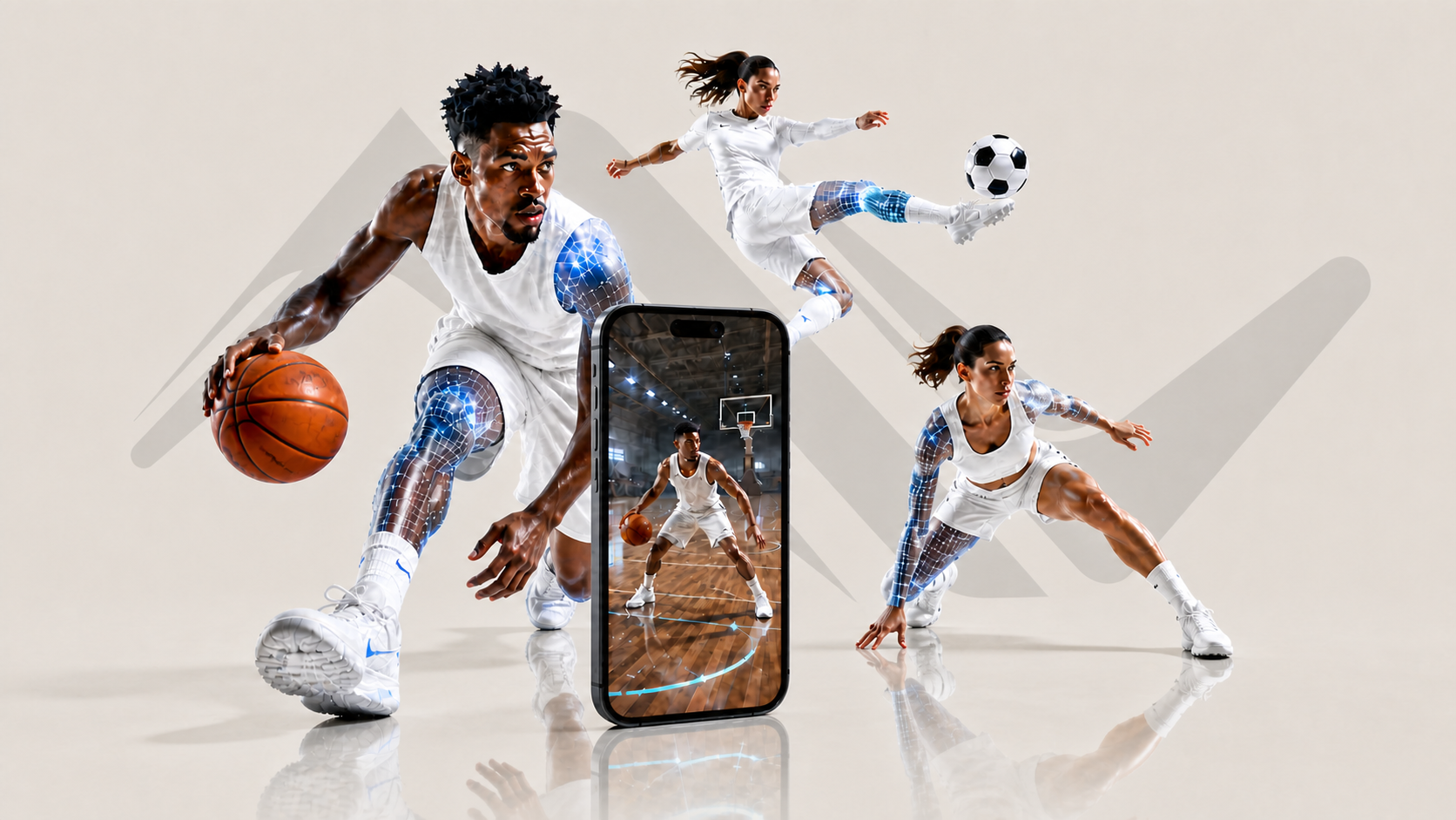 Three elite AIVATAR athletes and a mobile coaching experience, with the AIVATAR symbol behind them